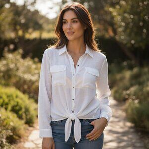 Thalia Sodi Tie Front Sheer Tie Front Button Down Blouse with Pockets